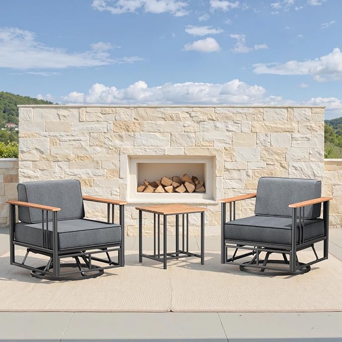 Patio Furniture Set of 3,with 6-inch Thick Cushion Outdoor Furniture Set, Swivel Rocking Chairs Set,Wood Grain armrests,trapezoidal backrest,Indoor/Outdoor Balcony Seating Dark Gray | Gray