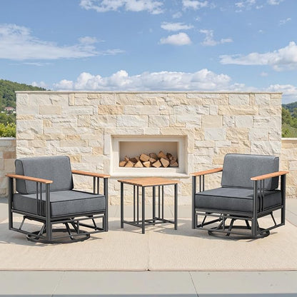 Patio Furniture Set of 3,with 6-inch Thick Cushion Outdoor Furniture Set, Swivel Rocking Chairs Set,Wood Grain armrests,trapezoidal backrest,Indoor/Outdoor Balcony Seating Dark Gray | Gray