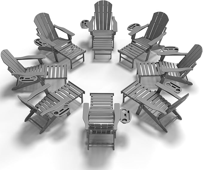 Adjustable Adirondack Chair with Retractable Ottoman Set of 8, HDPE Folding Adirondack Chair with Cup Holder, All Weather Fire Pit Chair for Outdoor.