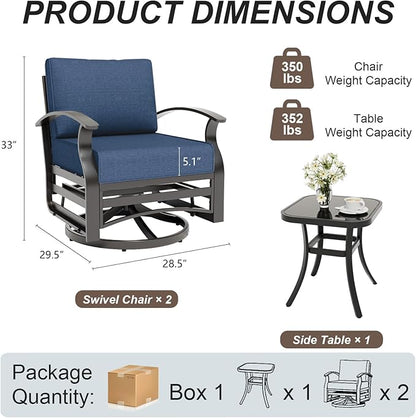 Gotland 3 Piece Patio Set, Metal Outdoor Swivel Chairs Set of 2 with 5.1’’ High-Resilience Seat Cushions Tempered Glass Coffee Table Removable Cushions for Backyard, Lawn, Porch, Navy