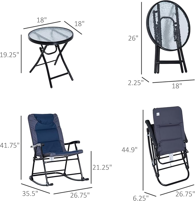 Outsunny 3 Piece Outdoor Patio Furniture Set with Glass Coffee Table & 2 Folding Padded Rocking Chairs, Bistro Style for Porch, Camping, Balcony, Navy Blue
