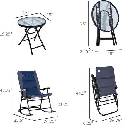 Outsunny 3 Piece Outdoor Patio Furniture Set with Glass Coffee Table & 2 Folding Padded Rocking Chairs, Bistro Style for Porch, Camping, Balcony, Navy Blue