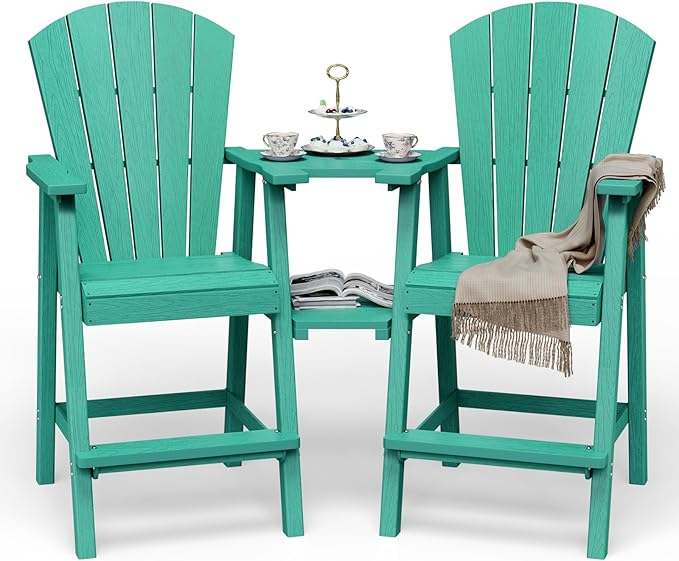 Tall Adirondack Chairs Set of 2, HDPE High Adirondack Chairs with Double Removable Trays, All Weather Outdoor Barstools for Patio, Balcony, Backyard, Deck and Garden, Lakeblue