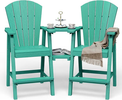 Tall Adirondack Chairs Set of 2, HDPE High Adirondack Chairs with Double Removable Trays, All Weather Outdoor Barstools for Patio, Balcony, Backyard, Deck and Garden, Lakeblue