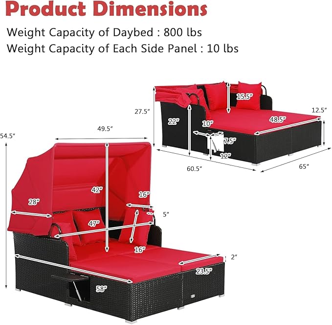 Tangkula Patio Rattan Daybed with Retractable Canopy, Outdoor Wicker Sunbed Lounger with 2 Foldable Side Tables - Photo 4