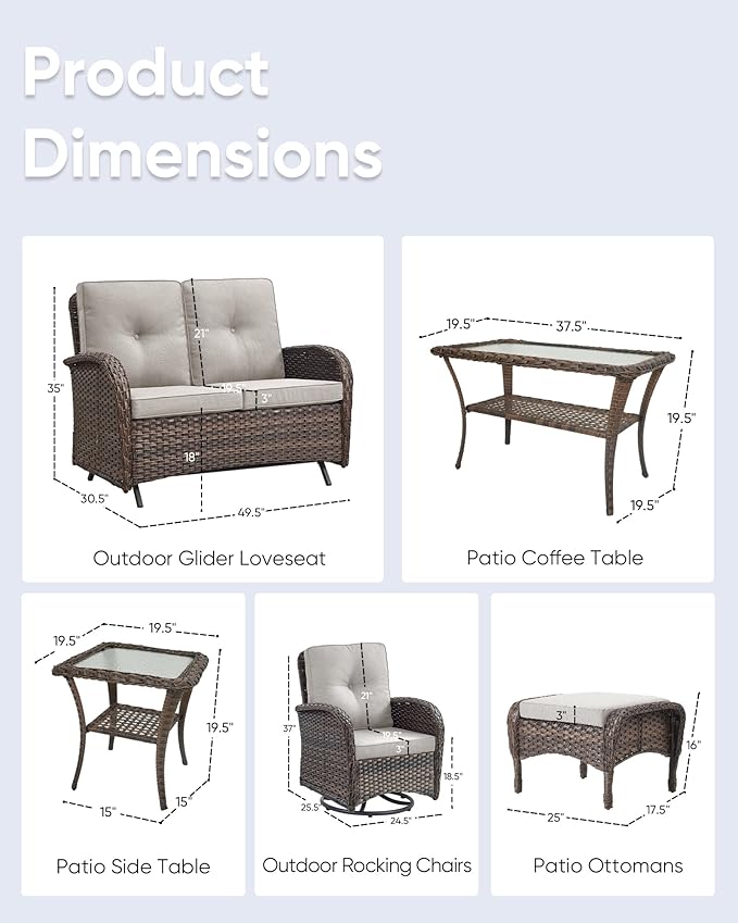 7 PCS Modern Wicker Patio Conversation Sets - Outdoor Swivel Chairs & Glider Loveseat - Ergonomic - Photo 6