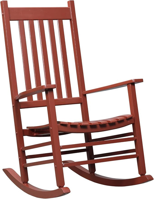Outdoor Rocking Chair, Patio Wooden Rocking Chair with Smooth Armrests, High Back for Garden, Balcony, Porch, Supports Up to 352 lbs., Wine Red