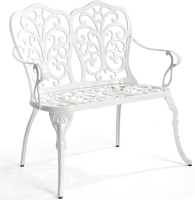 HOMEFUN Outdoor Bench, Patio Garden Benches Waterproof Metal Loveseat Cast-Aluminum Outdside Furniture for Park Lawn Front Porch White