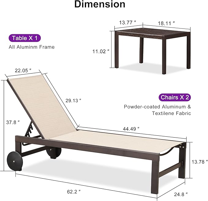 PURPLE LEAF Outdoor Chaise Lounge Chair Set of 2, Pool Lounge Chairs for Outside, Aluminum Patio Chaise Loungers with Adjustable Backrest and Wheels for Deck, Lawn, Garden, Cream