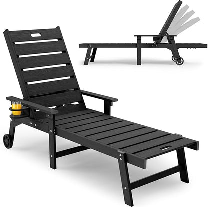 YEFU Lounge Chair Outdoor Chaise : Outdoor Chaise Lounge with 5-Level Adjustable Backrest, Cup Holders & Wheels, All-Weather Resistance Chaise Lounge for Outside/Patio/Beach/Deck, Black