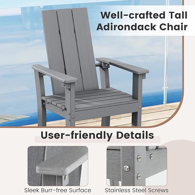 Giantex 52” Tall Adirondack Chair, HDPE Outdoor Bar Stool with Ergonomic Backrest, Armrests, Footrest, Fire Pit Chair, All Weather Patio Bistro Chair for Backyard, Garden, Lawn (1, Grey)