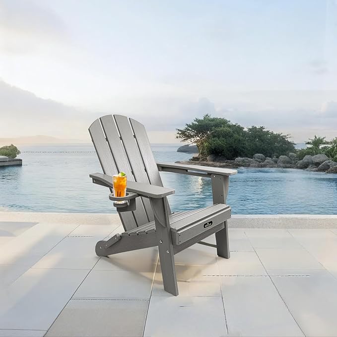 Folding Adirondack Chair, All-Weather HDPE Patio Chair with Cup Holder - Photo 6