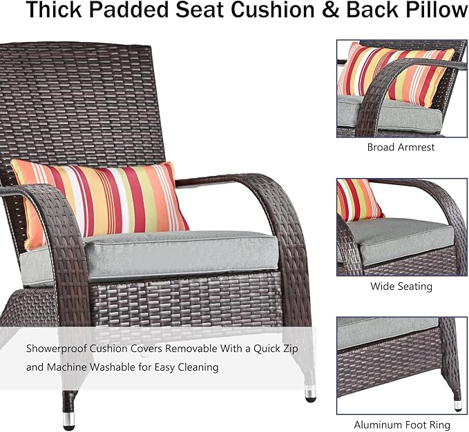 Wicker Adirondack Chair Fire Pit Chairs Oversized Comfy Patio Chairs Outdoor Wicker Rattan Chairs with Cushion Grey Low Deep Seating High Back with Pillow for Outside Backyard Deck Porch Lawn