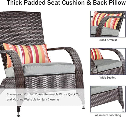 Wicker Adirondack Chair Fire Pit Chairs Oversized Comfy Patio Chairs Outdoor Wicker Rattan Chairs with Cushion Grey Low Deep Seating High Back with Pillow for Outside Backyard Deck Porch Lawn