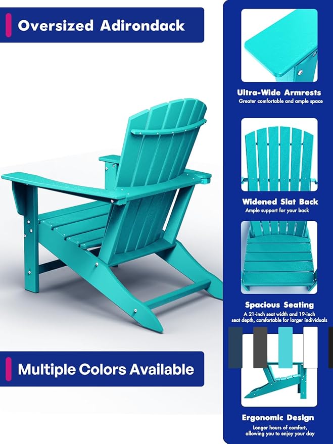 BRIOPAWS Adirondack-Chairs-Set of 6 | Fire Pit Chair | Oversized | HDPE Plastic | Weather Resistant | for Deck Outdoor Poolside Campfire | Aqua