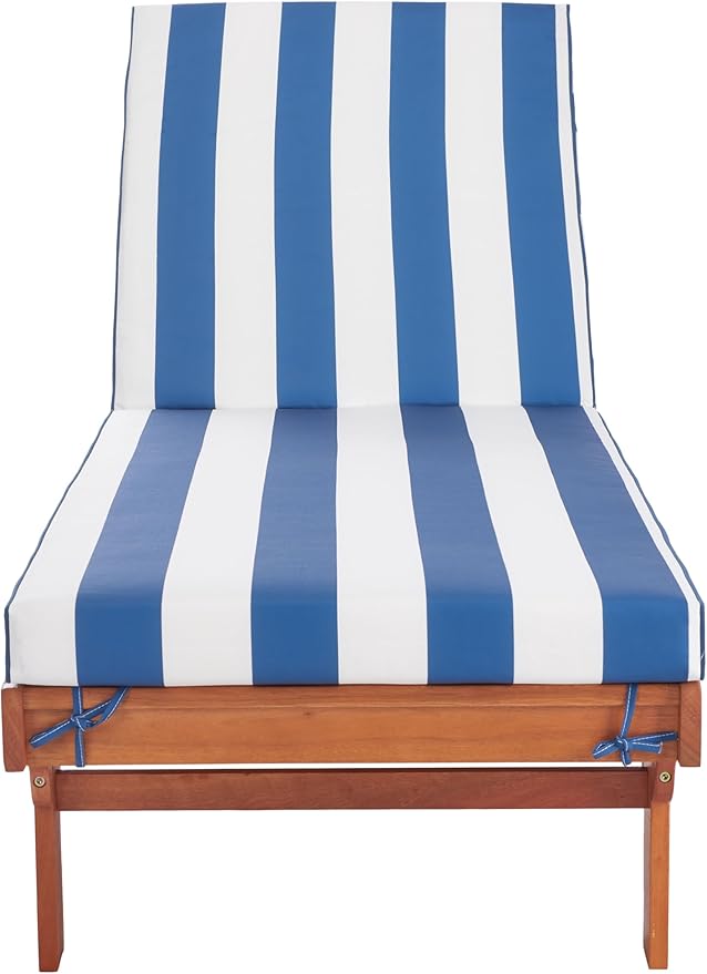 SAFAVIEH Outdoor Collection Newport Natural/ Blue & White Stripe Cushion Built-in Side Table Adjustable Chaise Lounge Chair