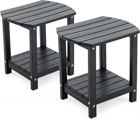 Adirondack Small Outdoor Side Table - Weatherproof HDPE Patio End Table with 2-Tier Storage for Firepit, Balcony, Garden, Poolside or Bathroom (Dark Black, Set of 2)