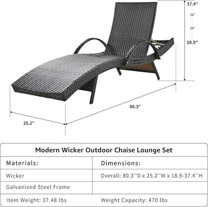 80.3" Chaise Lounge Outdoor Set of 4, Wicker Pool Lounge Chairs Outdoor with Pull-Out Side Table, Adjustable Reclining Patio Chairs, Tanning Chair, Sillas de Patio for Backyard/Balcony/Deck (Brown)