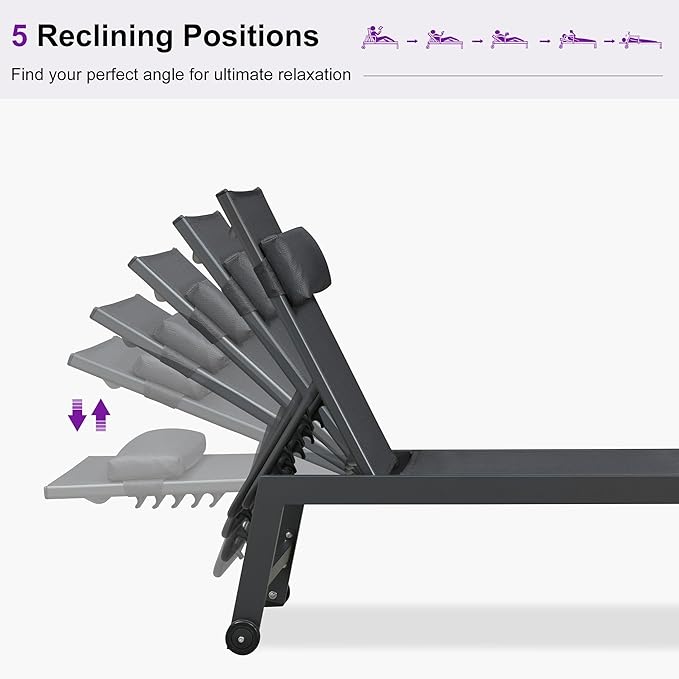 PURPLE LEAF Outdoor Oversized Lounge Chair Set Patio Chaise Pool Lounger Aluminum Frame with 2 Side Table and Wheels for Outside Sunbathing Tanning Recliner Including Pillows Gray