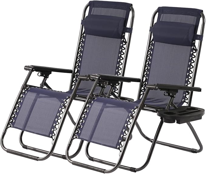 PayLessHere Set of 2 Lounge Chair Textilene Adjustable Beach Chair Zero Gravity Chair Folding Lawn Patio Chair with Removable Pillow and Cup Holder for Poolside Backyard Lawn Beach,Blue