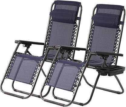 PayLessHere Set of 2 Lounge Chair Textilene Adjustable Beach Chair Zero Gravity Chair Folding Lawn Patio Chair with Removable Pillow and Cup Holder for Poolside Backyard Lawn Beach,Blue