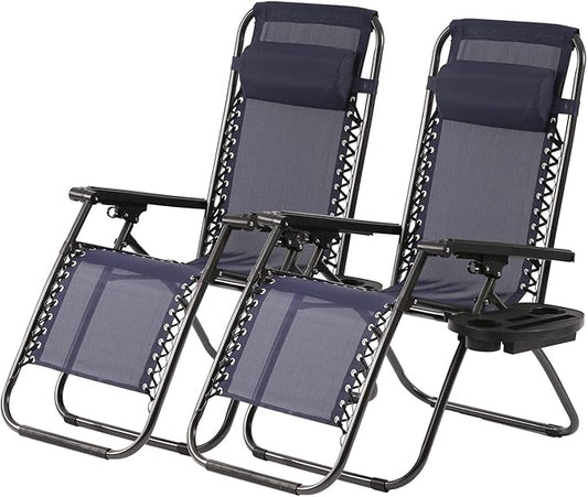 PayLessHere Set of 2 Lounge Chair Textilene Adjustable Beach Chair Zero Gravity Chair Folding Lawn Patio Chair with Removable Pillow and Cup Holder for Poolside Backyard Lawn Beach,Blue