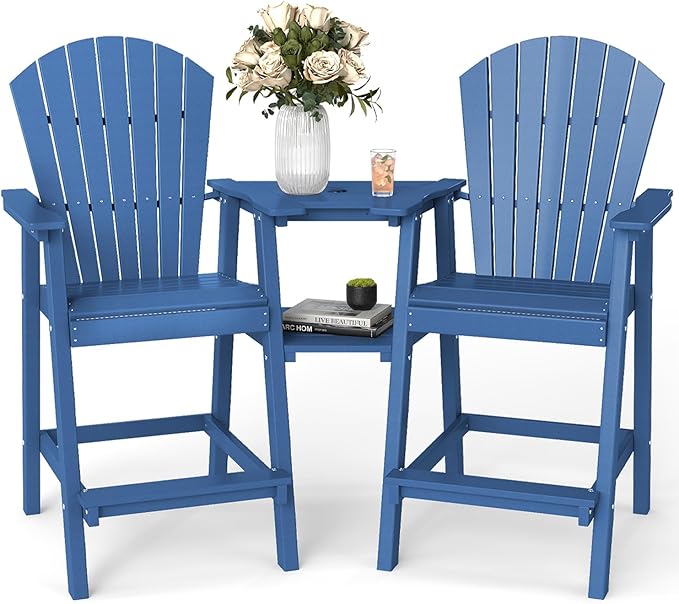 FOOWIN Tall Adirondack Chair Set of 2, All Weather HDPE Bar Height Adirondack Chair with Double Connecting Trays, Adirondack Barstools for Balcony, Deck, Backyard, Patio, Garden Navy Blue