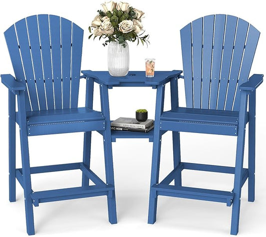 FOOWIN Tall Adirondack Chair Set of 2, All Weather HDPE Bar Height Adirondack Chair with Double Connecting Trays, Adirondack Barstools for Balcony, Deck, Backyard, Patio, Garden Navy Blue