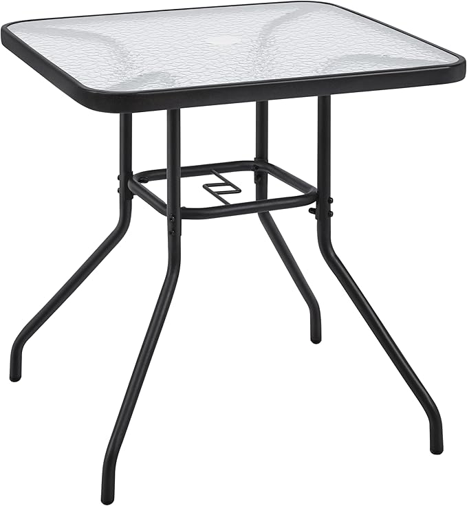 Yaheetech 28in Patio Bistro Table, Square Dining Table w/Umbrella Hole and Tempered Glass Top for Balcony Backyard Lawn and Garden, Black