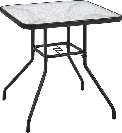 Yaheetech 28in Patio Bistro Table, Square Dining Table w/Umbrella Hole and Tempered Glass Top for Balcony Backyard Lawn and Garden, Black