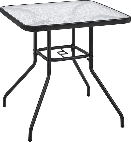 Yaheetech 28in Patio Bistro Table, Square Dining Table w/Umbrella Hole and Tempered Glass Top for Balcony Backyard Lawn and Garden, Black