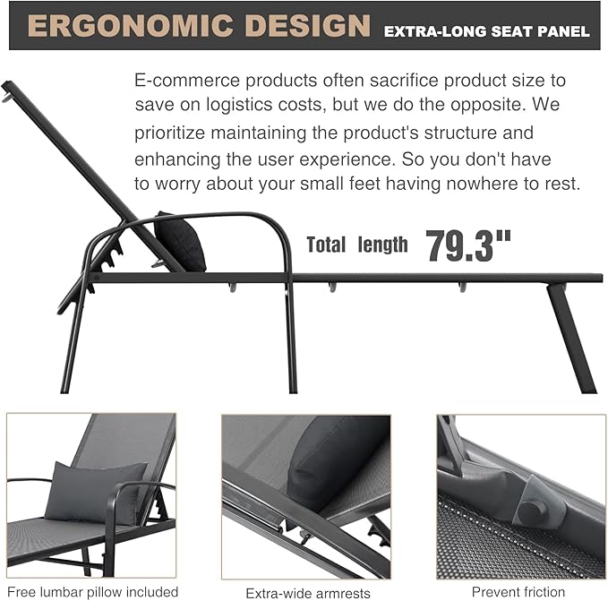 Outdoor Chaise Lounge Chair Adjustable Pool Lounge Chairs with Lumbar Pillow Outside Tanning Chairs for Beach Deck - Photo 7