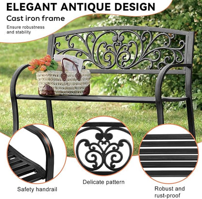 Rust-Proof Cast Iron Park Bench, Black, 50" x 21" x 35"