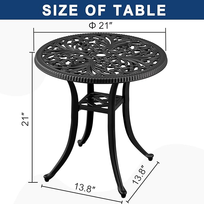 21” Cast Aluminum Patio Bistro Table, All Weather Round Patio Coffee Table, for Backyard Porch Pool Balcony Deck, Black (1, Black)