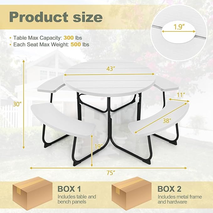 Round Picnic Table for Outdoors, 8 Person Outdoor Picnic Tables & Benches Set with Umbrella Hole - Photo 3