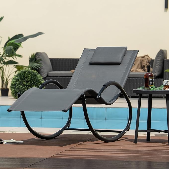 Giantex Outdoor Rocking Lounge Chair, Zero Gravity Rocking Chair with Removable Headrest, Breathable Backrest & Seat - Photo 8