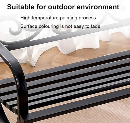 Outdoor Bench Weatherproof Metal Garden Bench with Slatted Patio Bench with Floral Pattern Backrest, Arch Legs for Porch, Patio, Garden, Lawn, Balcony(Black)