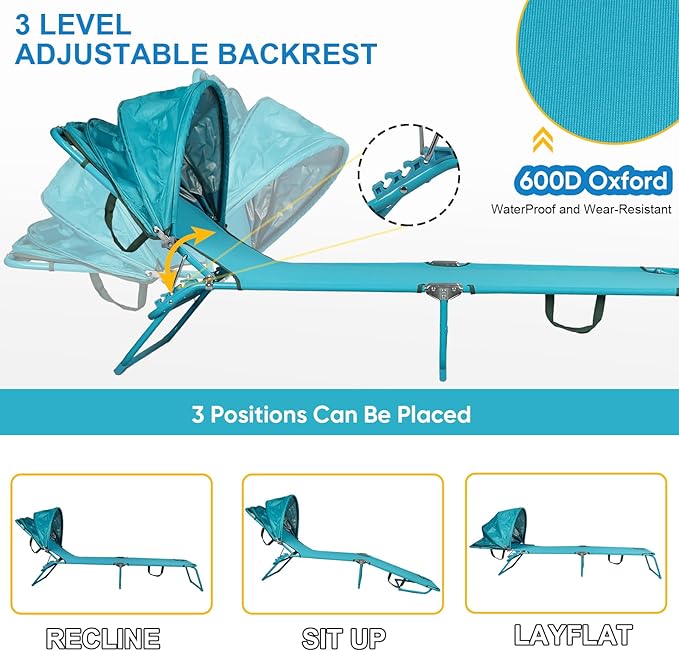Colorsoul Tanning Chair with Sun Canopy, Adjustable 4-Position Beach Lounge Chair for Adults - Photo 3