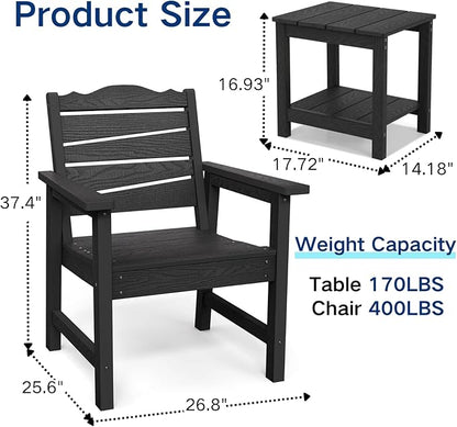 Patio Chairs Set, 3 Pieces Weatherproof HIPS Outdoor Furniture, Patio Chairs Conversation Sets with Side Table for Garden Porch Lawn & Backyard (Black)
