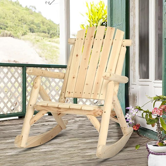 Outdoor Wooden Rocking Chair, Patio Log Rustic Adirondack Porch Rocker, All Weather Solid Wood Rocker Chair with High Back & Slatted Seat for Indoor, Deck, Backyard, Garden, Natural