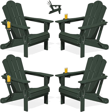 KINGYES Adjustable Folding Adirondack Chair Set of 4, 3-Position Reclining Adirondack Chairs with Cup Holder, HDPE All-Weather Oversized Adirondack for Outdoor, Patio, Backyard Deck, Fire Pit, Green