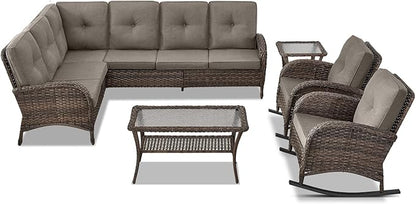 Belord Outdoor Furniture Set - 6 Pieces Patio Conversation Sectional Sofa Set with Patio Rocking Chairs Set of 2 and Wicker Coffee Table for Deck Backyard Sunroom Brown