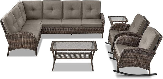 Belord Outdoor Furniture Set - 6 Pieces Patio Conversation Sectional Sofa Set with Patio Rocking Chairs Set of 2 and Wicker Coffee Table for Deck Backyard Sunroom Brown