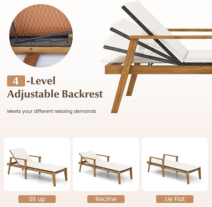 Tangkula Outdoor Chaise Lounge Chair, Rattan Patio Recliner with Armrests & 4-Level Backrest Adjustment, Cushioned Acacia Wood Patio Lounge Chair for Poolside, Backyard, Balcony
