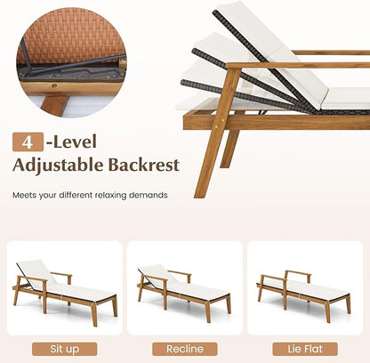 Tangkula Outdoor Chaise Lounge Chair, Rattan Patio Recliner with Armrests & 4-Level Backrest Adjustment, Cushioned Acacia Wood Patio Lounge Chair for Poolside, Backyard, Balcony