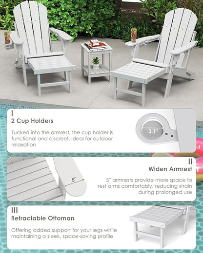 GREENVINES Adjustable Adirondack Chair with Retractable Ottoman Set of 2 | Folding | HDPE Plastic | Fire Pit Chairs w/Foot Rest | 2 Cup Holders | White | for Outdoor Patio Poolside Deck