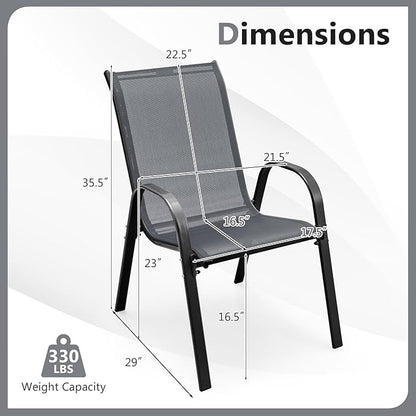COSTWAY Patio Dining Chairs Set of 4, Stackable Outdoor Chairs with Armrest and High Back, Breathable Fabric & Metal Frame Chair for Garden Poolside Backyard Deck (Grey)