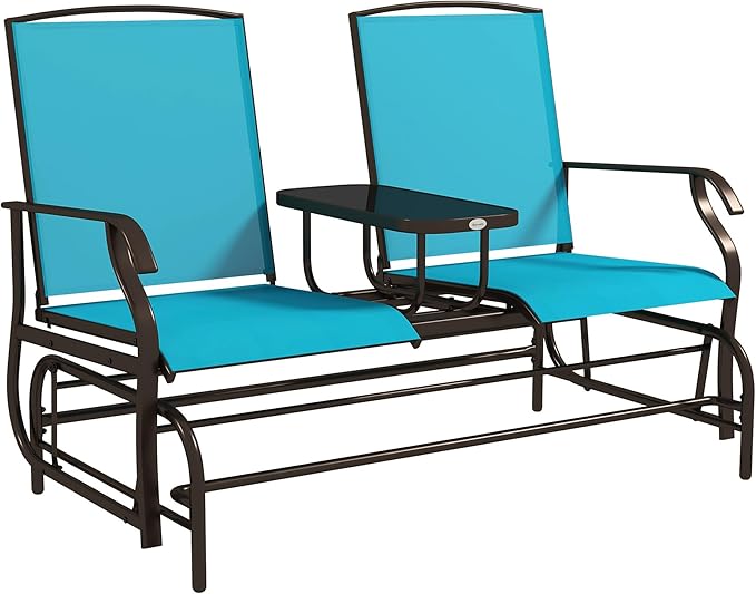 GOWE Outdoor Glider Bench with Center Table, Metal Frame Patio Loveseat with Breathable Mesh Fabric and Armrests for Backyard Garden Porch, Blue