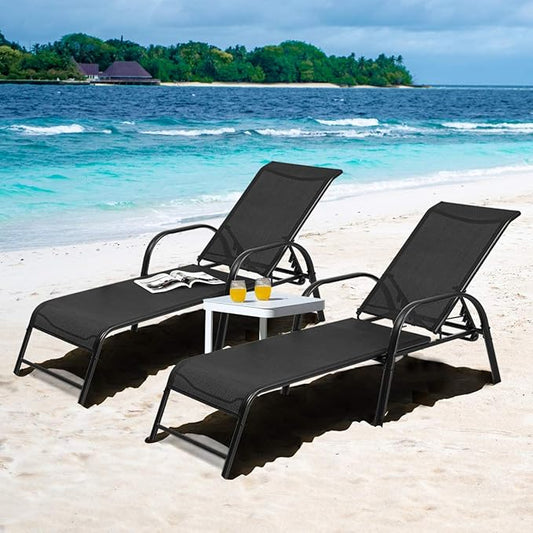 Tangkula Outdoor Patio Lounge Chairs Set of 2, Adjustable Folding Reclining Chaise Lounge, 5-Position Backrest Adjustment, Sling Chaise for Patio Beach Porch Swimming Poolside