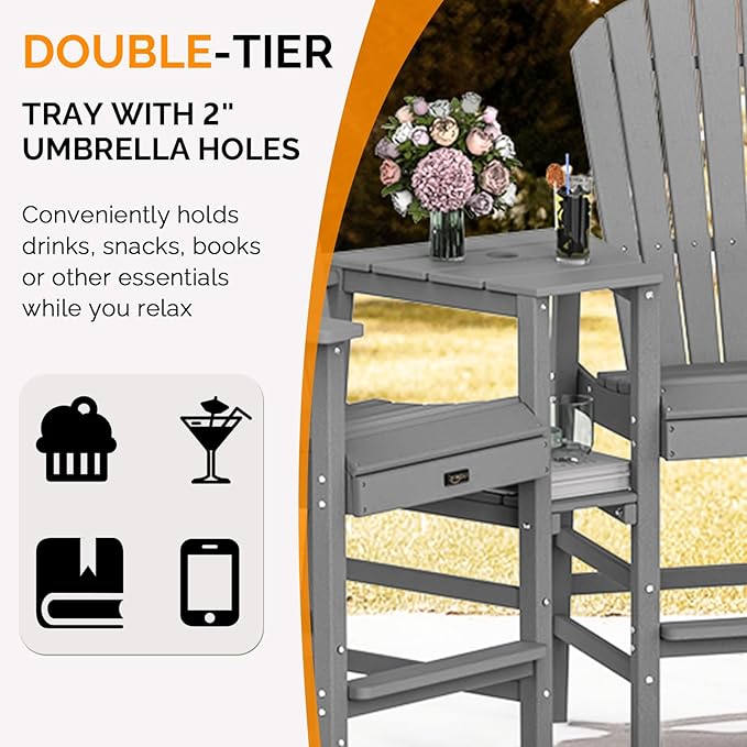 VINGLI Tall Adirondack Chairs Set of 2, All Weather HDPE Bar Height Adirondack Chair with Double Trays, Adirondack Barstools for Balcony, Poolside, Backyard and Patio (Grey)